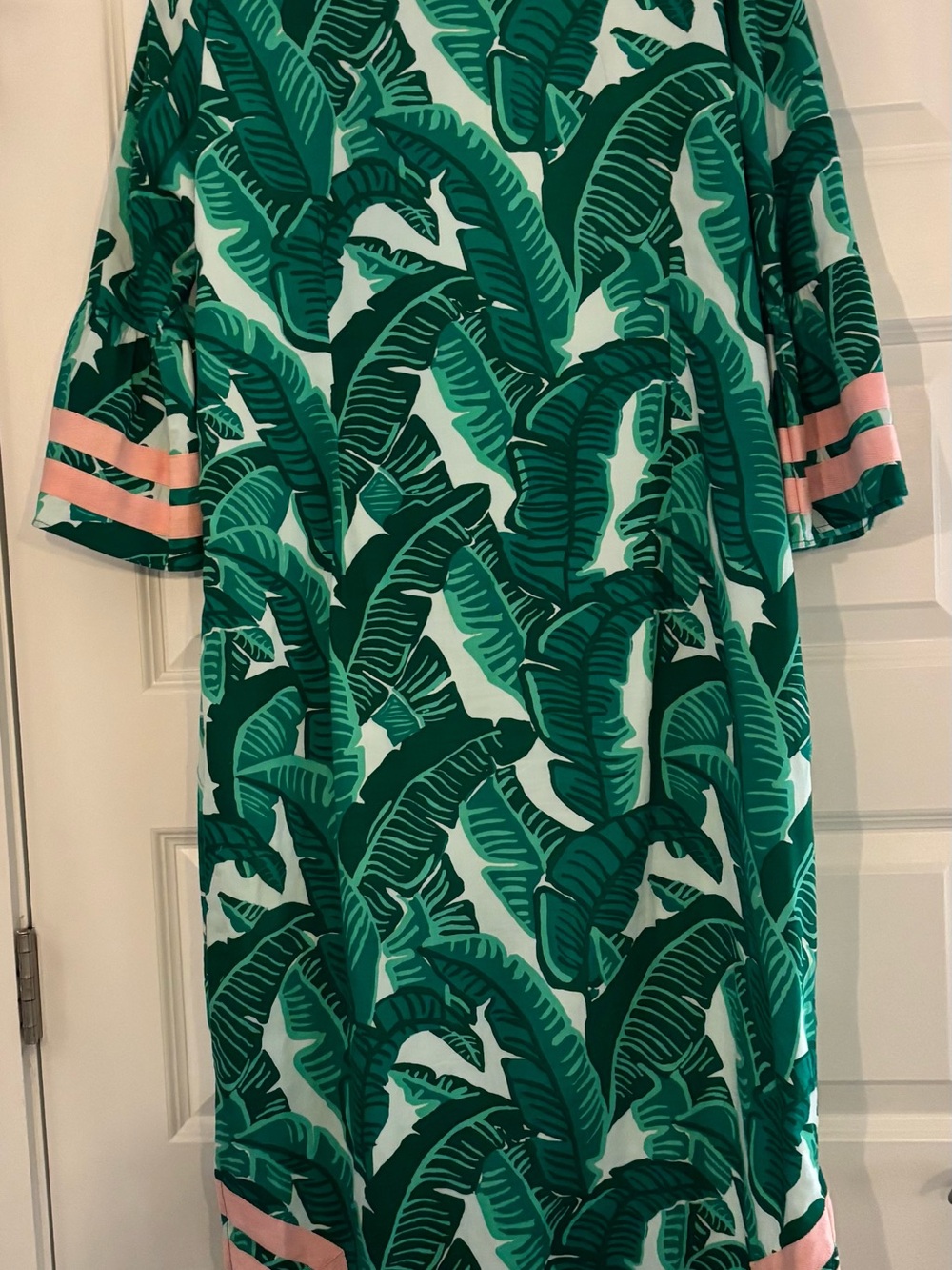 Green Palm-Print Midi Dress with Pink Trim STS Caftan - Picture 3 of 4